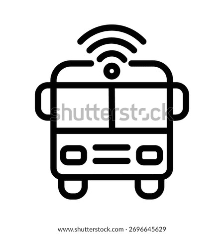Smart bus line icon, outline illustration of an autonomous or connected bus with wireless signal symbol, representing intelligent transport system or self-driving public transit