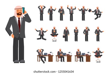 Smart business arab man characters creation set. Various views, face emotions, poses and gestures in cartoon style for infographic creator. Flat vector illustration eps 10