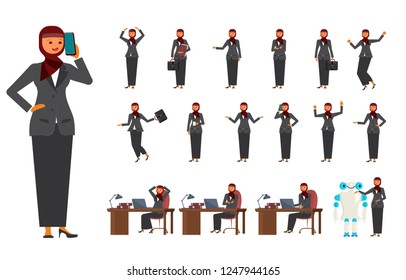 Smart business arab woman characters creation set. Various views, face emotions, poses and gestures in cartoon style for infographic creator. Flat vector illustration eps 10