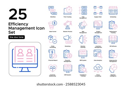 Smart Business Automation. AI-Powered Solutions, Digital Tools, and Optimization. Vector Illustration. Oultine duo tone icon set