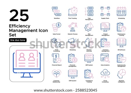Smart Business Automation. AI-Powered Solutions, Digital Tools, and Optimization. Vector Illustration. Oultine duo tone icon set