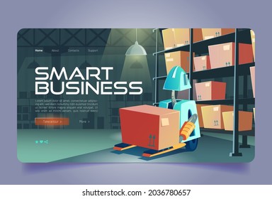 Smart business cartoon landing page. Forklift robot loading box in warehouse interior. Intelligent logistics, cargo delivery, postal service. Storehouse with racks and parcels, vector web banner