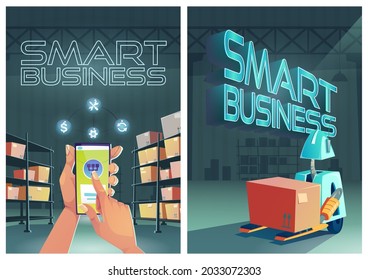 Smart business cartoon posters, forklift robot loading box in warehouse interior. Distributor use application for intelligent logistics, cargo delivery, postal service, storehouse vector web banner