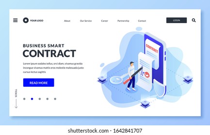 Smart business contract app and blockchain security technology concept. Vector 3d isometric illustration. Man puts digital signature on electronic document on smartphone screen.