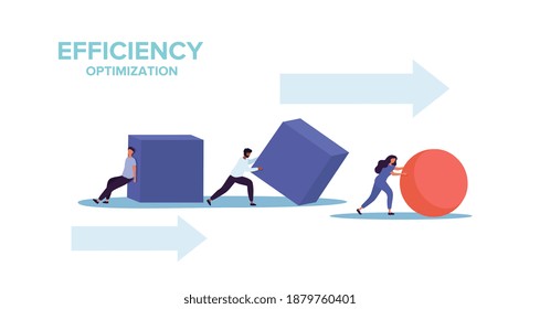 Smart business and efficiency concept with two businessmen struggling to push cubes while a businesswoman races ahead pushing a sphere, colored flat vector illustration isolated on white background