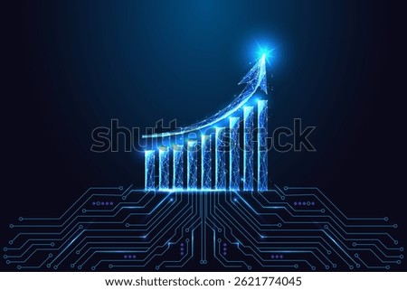 Smart business growth, analytics concept with glowing polygonal bar chart and upward arrow connected to circuit board on dark blue background. Futuristic low poly style, abstract vector illustration.