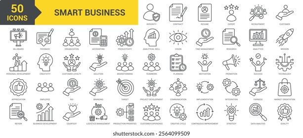 Smart Business icon collection set. Containing Integrity, contract, resume, expert, recruitment, customer, billboard, personal development, appreciation, review, feedback icon. Simple line vector