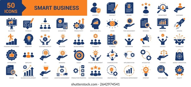 Smart Business icon collection set. Containing Integration, strategy, creative cycle, quality, data analysis, solution, implementation, appreciation, review, feedback, success icon. Simple flat vector