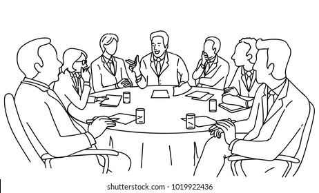 Smart business leadership presenting in meeting room, business concept in partnership, diversity, corporate, conference. Outline, linear, hand drawn sketch design. Black and white style.