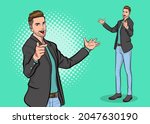 smart business man bearded point and presenting  pop art retro comic style