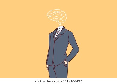Smart business man with brain instead of head and high intelligence, keeps hands in pocket standing in formal suit. Smart guy in jacket and shirt symbolizes talented human capable creating own company