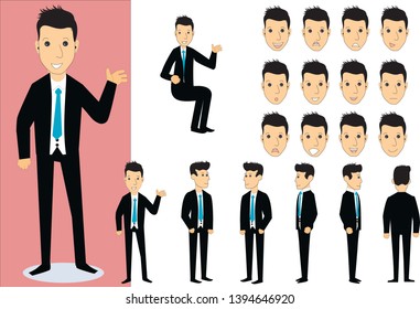 Smart Business Man Character Creation Set With Various Views, Face Emotions, Poses In Cartoon Style. Set Of Business Man .