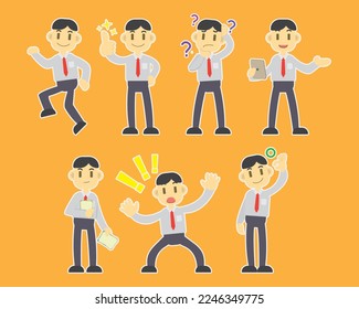 Smart business man characters creation set. Various views, face emotions, poses and gestures in cartoon style for infographic creator.