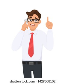 Smart business man speaking or talking on the mobile, cell, smart phone. Male character showing, gesturing, pointing up hand finger to copy space. Modern lifestyle, digital technology device, gadget.