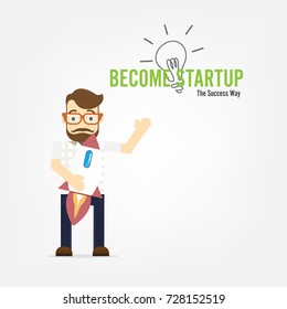 Smart business man standing and hold rocket with thinking lamp idea or solution concept and text start-up