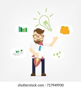 Smart business man standing and thinking lamp, With Rocket icon, idea or solution concept