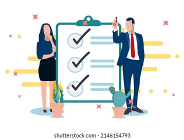 Smart business men, women character improve check list complete. Business success concept. Flat linear vector illustration.