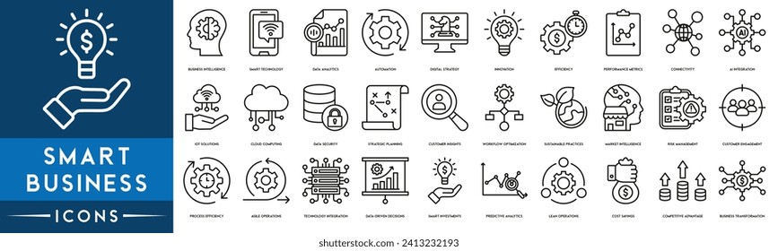 Smart Business Outline Icon Collection. Thin Line Set contains such Icons as Business Intelligence, Smart Technology, Data Analytics, Automation, Digital Strategy and Innovation icons