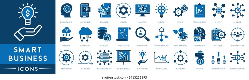 Colección de iconos de esquema comercial inteligente. Thin Line Set contiene iconos como Business Intelligence, Smart Technology, Data Analytics, Automation, Estrategia Digital e iconos de innovación