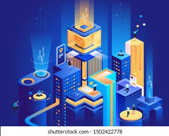 Smart business platform isometric illustration. Businessmen and businesswomen working with laptops, analyzing charts 3D cartoon characters. Virtual city, futuristic technology dark blue concept