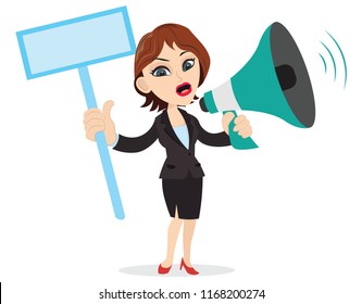 Smart business representative holding a banner sign board speaking loudly megaphone loudspeaker announcing some good news