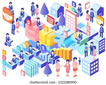 Smart business with smartphone Online business - PC and accounting - House and building isometrics White background(Bijinesu is in Japanese, it is business in English translation.)