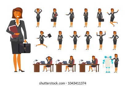 Smart Business Woman Character Creation Set With Various Views, Face Emotions, Poses And Gestures In Cartoon Style. Flat Vector Illustration Eps 10