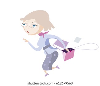 Smart business woman holding file binder and opened handbag in a hurry. Funny character.