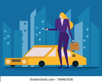 Smart Business woman with supercar on city scape. flat character design. vector illustration