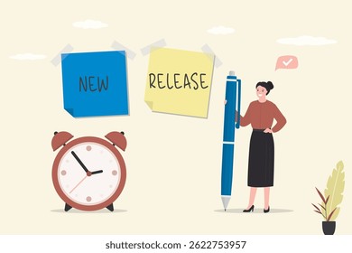 Smart business woman uses pen and writes an advertisement on paper notes. New release - text words inscription on stickers. Marketing, promotion campaign. Coming soon. flat vector illustration
