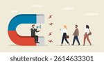 Smart businessman advertises on giant magnet and loudspeaker to attract people. Customer acquisition and marketing. Promotion campaign. Various people walk to magnet. flat vector illustration