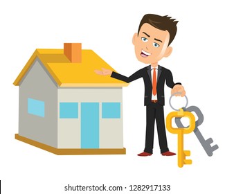 Smart Businessman agent salesman handing over a house keys in hand real estate business