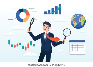 Smart businessman analyst holding magnifying glass analyse graph and chart, business analysis, calculate or research for market growth, financial report, investment data or sale information (Vector)