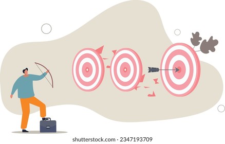 el tiro con arco de un hombre de negocios inteligente golpea el toro múltiple con una sola flecha... ilustración vectorial plana.