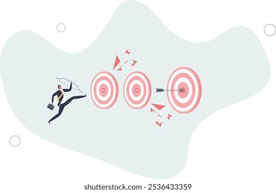 smart businessman archery hit multiple bullseye with single arrow.flat characters.