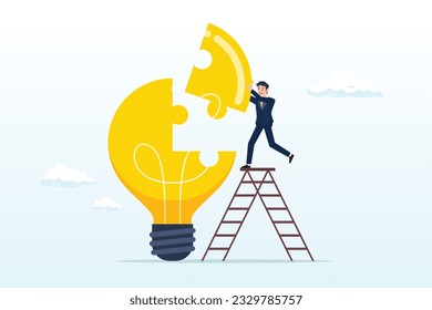 Smart businessman assemble last piece of jigsaw to complete light bulb idea puzzle, solve business problem with creativity, finishing or complete brilliant idea, work solution, business idea (Vector)