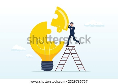 Smart businessman assemble last piece of jigsaw to complete light bulb idea puzzle, solve business problem with creativity, finishing or complete brilliant idea, work solution, business idea (Vector)