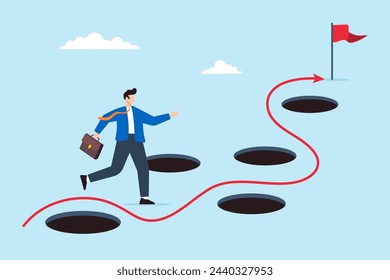 Smart businessman avoid numerous pitfalls to achieving business success. He bravely navigates past mistakes and failures, utilizing his skills and creativity to solve problems and overcome adversity