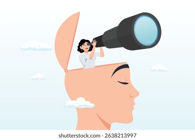 Smart businessman with binoculars open his head above cloud storm for clear vision, clear business vision to see future opportunity, challenge to overcome difficulty to see real visionary concept