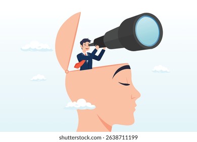 Smart businessman with binoculars open his head above cloud storm for clear vision, clear business vision to see future opportunity, challenge to overcome difficulty to see real visionary concept