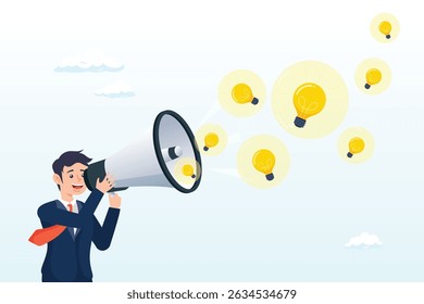 Hombre de negocios inteligente que sopla la burbuja de jabón en ideas brillantes de la bombilla de la innovación, creatividad para crear nueva idea de negocio o solución para el problema del trabajo, emprendimiento para pensar en concepto de negocio