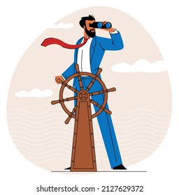 Smart businessman boat captain controling steering whel leads company to success. Career direction, leadership and achievement concept. Flat design vector illustration.