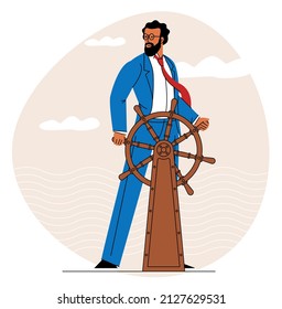 Smart businessman boat captain controling steering whel leads company to success. Career direction, leadership and achievement concept. Flat design vector illustration.