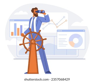 Smart businessman boat captain controling steering whel leads company to success. Career direction, leadership and achievement concept. Flat design vector illustration.