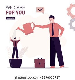 Smart businessman boss or HR manager watering talented staff in pot. Business male characters, career growth. Using talented employee, we care for you, landing page template. flat vector illustration