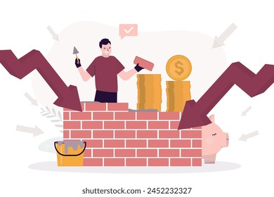 Un hombre de negocios inteligente construye una pared de ladrillos para proteger los ahorros y las ganancias. Protección financiera confiable detrás de la pared de piedra. Alfabetización financiera, sostenibilidad económica. Defensa de la recesión, caída, crisis.