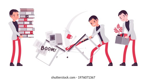 Smart businessman, business manager overload with paperwork, smashing computer, fired worker. Office worker professional look. Vector flat style cartoon illustration isolated on white background