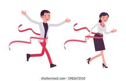Smart businessman, businesswoman, business manager winning, crossing finish line. Office worker professional look in casual attire. Vector flat style cartoon illustration isolated on white background