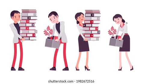 Smart businessman, businesswoman, business manager overload with paperwork, fired worker. Office worker busy professional look. Vector flat style cartoon illustration isolated on white background