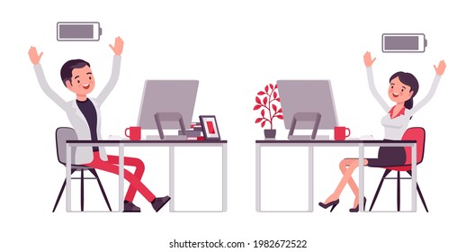 Empresario inteligente, empresaria, gerente lleno de energía en el lugar de trabajo. Feliz trabajo profesional de oficina con vestimenta casual. Ilustración de dibujos animados de estilo plano vectorial aislada, fondo blanco